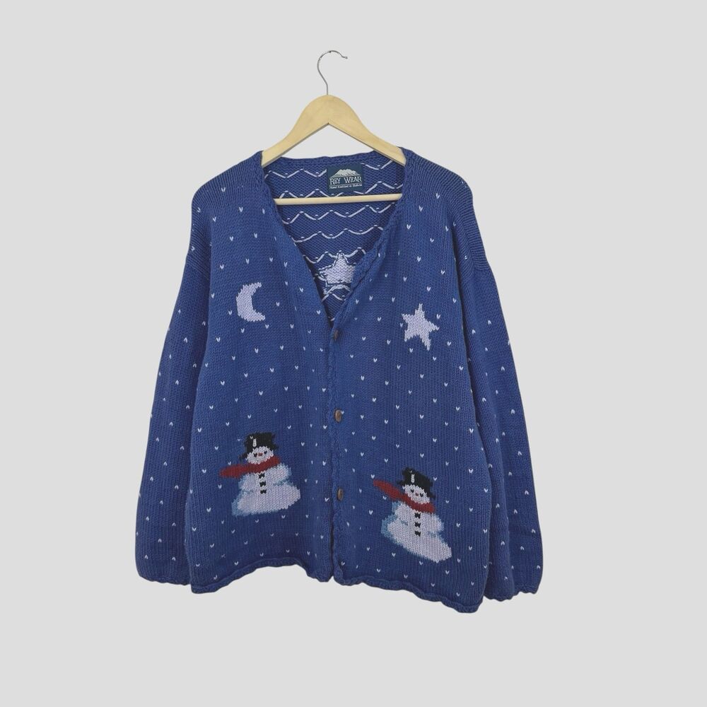 Rey Wear 3X Sweater Cardigan Hand Knitted In Bolivia Snowman Blue Womens READ
